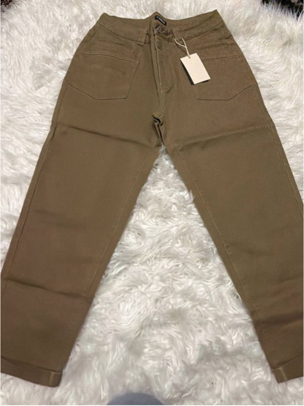 Solid Patch Pocket Dual Button High Rise Straight Leg Crop Pants L - Picture 2 of 6